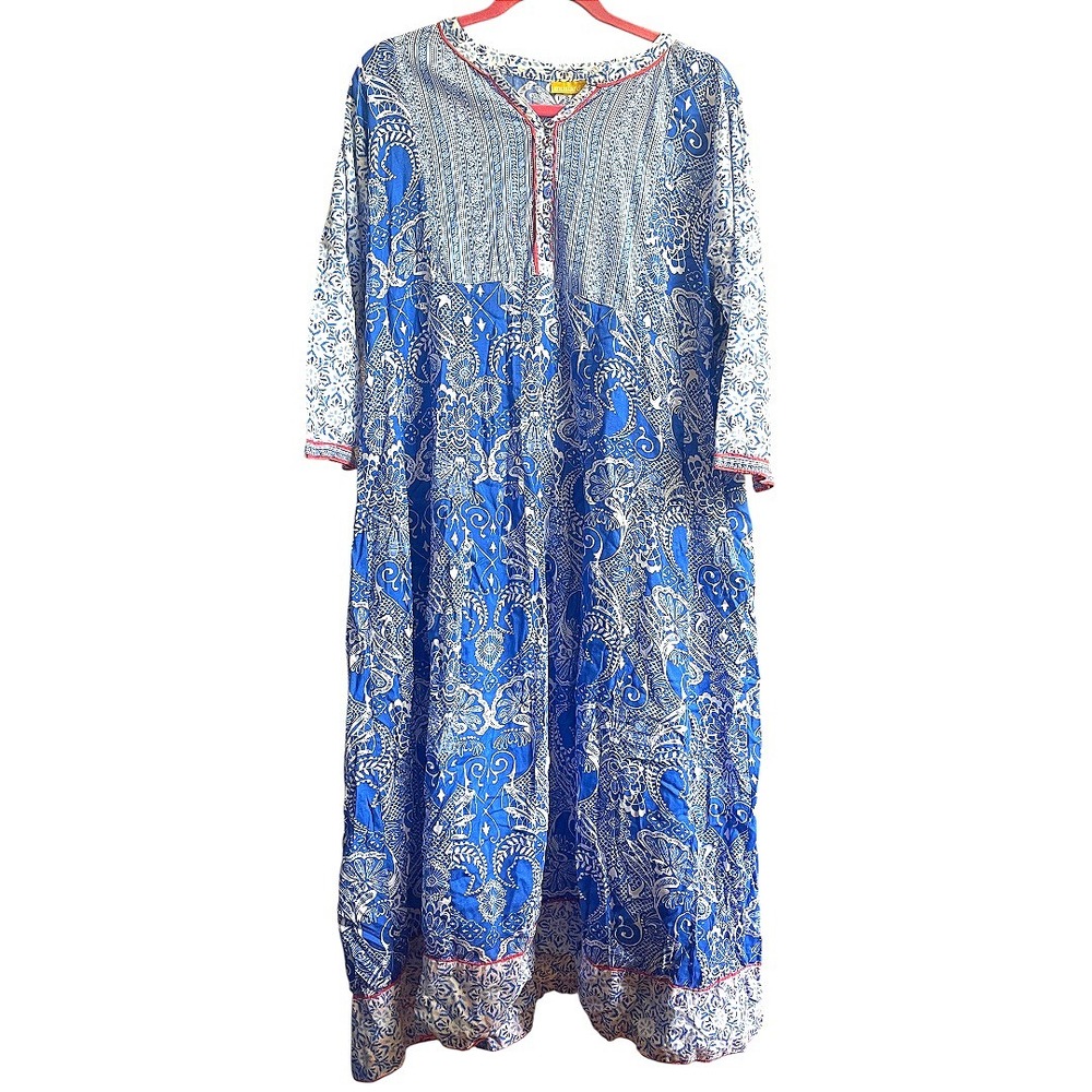 Mustard Blue White Boho Print Maxi Dress Long Sleeves 16
